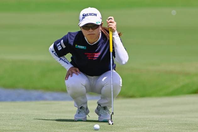 THE WOODLANDS, TX - APRIL 21: Minami Katsu (JPN) looks over her birdie putt on 9 during the final round of the Chevron Championship at The Club at Carlton Woods on April 21, 2024 in The Woodlands, Texas. (Photo by Ken Murray Icon Sportswire) GOLF: APR 21 LPGA, Golf Damen The Chevron Championship EDITORIAL USE ONLY Icon240421067