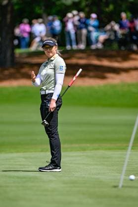 THE WOODLANDS, TX - APRIL 21: Brooke M. Henderson (CAN) reacts to missing her birdie putt on 9 during the final round of the Chevron Championship at The Club at Carlton Woods on April 21, 2024 in The Woodlands, Texas. (Photo by Ken Murray Icon Sportswire) GOLF: APR 21 LPGA, Golf Damen The Chevron Championship EDITORIAL USE ONLY Icon240421072