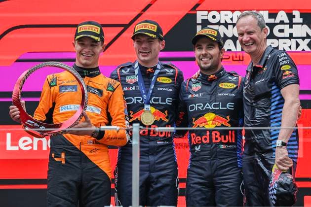 Formel 1 Großer Preis von China 2024 21.04.2024, Shanghai International Circuit, Shanghai, Formel 1 Großer Preis von China 2024 ,im Bild Sieger Max Verstappen (NLD), Oracle Red Bull Racing, 2.Platz für Lando Norris (GBR), McLaren F1 Team, 3.Platz für Sergio Perez (MEX), Oracle Red Bull Racing