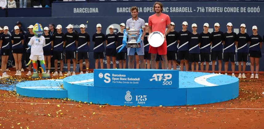 April 21, 2024, Sabadell, Barcelona, Spain: Barcelona Spain 21.04.2024 Stefanos Tsitsipas (Greece) and Casper Ruud (Norway) pose with the titles in the match between Stefanos Tsitsipas (Greece) and Casper Ruud (Norway) during the Day 9 of the Barcelona Open Banc Sabadell Godo on 21 April 2024 in Barcelona. Sabadell Spain - ZUMAu50_ 20240421_zsp_u50_097 Copyright: xXavixUrgelesx