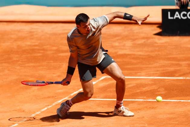 April 22, 2024, Madrid, Madrid, SPAIN: Bernabe Zatapa of Spain in action against Ugo Carabelli of Argentina during the Mutua Madrid Open 2024, ATP, Tennis Herren Masters 1000 and WTA, Tennis Damen 1000, tournament celebrated at Caja Magica on April 22, 2024 in Madrid, Spain. Madrid SPAIN - ZUMAa181 20240422_zaa_a181_151 Copyright: xIrinaxR.xHipolitox