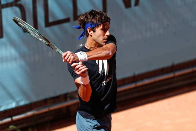 April 22, 2024, Madrid, Madrid, SPAIN: Tomas Martin Etcheverry of Argentina practices during the Mutua Madrid Open 2024, ATP, Tennis Herren Masters 1000 and WTA, Tennis Damen 1000, tournament celebrated at Caja Magica on April 22, 2024 in Madrid, Spain. Madrid SPAIN - ZUMAa181 20240422_zaa_a181_206 Copyright: xIrinaxR.xHipolitox
