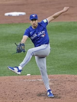 Baseball: Blue Jays vs. Royals Yusei Kikuchi of the Toronto Blue Jays pitches in a baseball game against the Kansas City Royals at Kauffman Stadium in Kansas City, Missouri, on April 22, 2024.  A14AA0002741542P