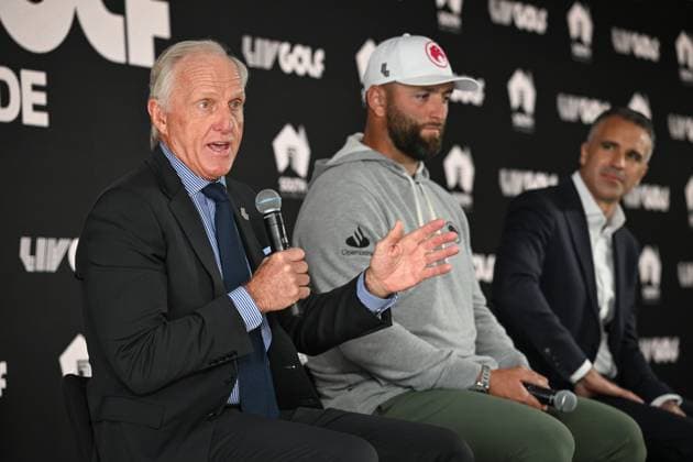 LIV GOLF PREVIEW, LIV Golf CEO Greg Norman speaks to media flanked by Legion XIII Captain Jon Rahm and South Australian Premier Peter Malinauskas during a press conference, PK, Pressekonferenz at the Grange Golf Club in Adelaide, Wednesday, April 24, 2024. ( NO ARCHIVING, EDITORIAL USE ONLY, NO USE IN BOOKS WITHOUT CONSENT ADELAIDE SOUTH AUSTRALIA AUSTRALIA  Copyright: xMICHAELxERREYx 20240424001936211493