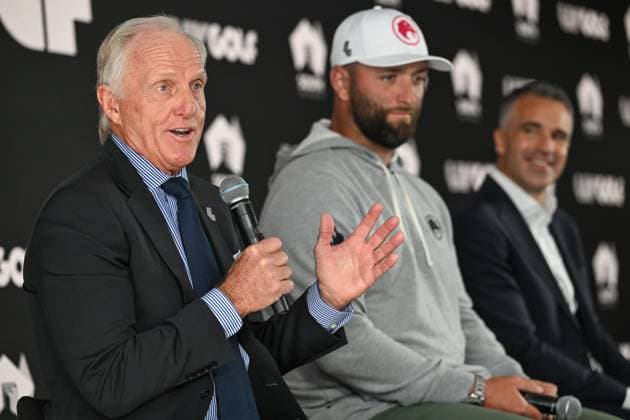 LIV GOLF PREVIEW, LIV Golf CEO Greg Norman speaks to media flanked by Legion XIII Captain Jon Rahm and South Australian Premier Peter Malinauskas during a press conference, PK, Pressekonferenz at the Grange Golf Club in Adelaide, Wednesday, April 24, 2024. ( NO ARCHIVING, EDITORIAL USE ONLY, NO USE IN BOOKS WITHOUT CONSENT ADELAIDE SOUTH AUSTRALIA AUSTRALIA  Copyright: xMICHAELxERREYx 20240424001936211527