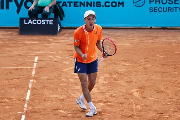Shintaro Mochizuki (JPN), APRIL 23, 2024 - Tennis : Shinataro Mochizuki celebrate after point during singles qualifying 2nd round match against Benjamin Hassan on the ATP, Tennis Herren tour Masters 1000 Mutua Madrid Open tennis tournament at the Caja Magica in Madrid, Spain. Noxthirdxpartyxsales  (251090102)