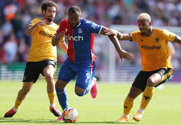 Crystal Palace v Wolverhampton Wanderers - Premier League - Selhurst Park September 3, 2023, London: London, England, 3rd September 2023. Jordan Ayew of Crystal Palace is challenged by Rayan Ait-Nouri (L) and Mario Lemina of Wolverhampton Wanderers during the Premier League match at Selhurst Park, London. (Credit Image:  Paul Terry Sportimage Cal Media) London EDITORIAL USE ONLY Copyright: xx ZUMA-20230903_faf_si1_072.jpg PaulxTerryx csmphotothree148795