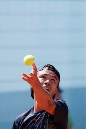 MADRID, SPAIN - APRIL 24: Taro Daniel of Japon returns the ball during their match against Aleksandar Vukic on Day 3 of the Mutua Madrid Open at Caja Magica Stadium in Madrid. ONLYxEDITORIALxUSAGE  (251128160)