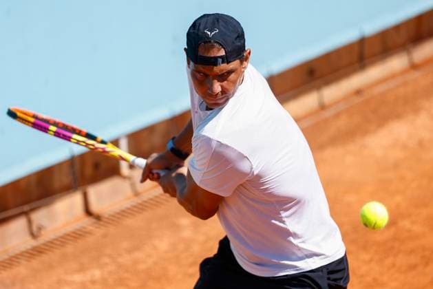 April 24, 2024, Madrid, Madrid, SPAIN: Rafael Nadal of Spain practices during the Mutua Madrid Open 2024, ATP, Tennis Herren Masters 1000 and WTA, Tennis Damen 1000, tournament celebrated at Caja Magica on April 24, 2024 in Madrid, Spain. Madrid SPAIN - ZUMAa181 20240424_zaa_a181_020 Copyright: xIrinaxR.xHipolitox