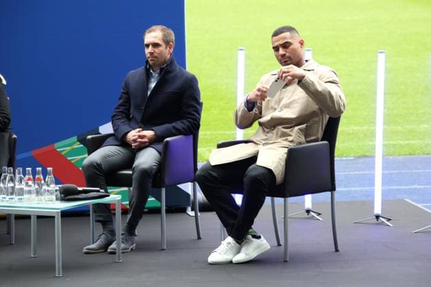 DEU, EM, EM-Pokal-Vorstellung, 24.04.2024, Berliner Olympiastadion, Berlin, DEU, EM, EM-Pokal-Vorstellung, im Bild Nancy Faeser Bundesministerin des Innern und für Heimat Kai Wegner Regierender Bürgermeister von Berlin Iris Spranger Senatorin für Inneres und Philipp Lahm Turnierdirektor EURO 2024 Kevin-Prince Boateng Botschafter der Host City Berlin Foto: Juergen Engler nordphoto GmbH