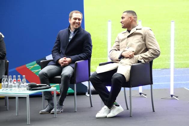 DEU, EM, EM-Pokal-Vorstellung, 24.04.2024, Berliner Olympiastadion, Berlin, DEU, EM, EM-Pokal-Vorstellung, im Bild Nancy Faeser Bundesministerin des Innern und für Heimat Kai Wegner Regierender Bürgermeister von Berlin Iris Spranger Senatorin für Inneres und Philipp Lahm Turnierdirektor EURO 2024 Kevin-Prince Boateng Botschafter der Host City Berlin Foto: Juergen Engler nordphoto GmbH