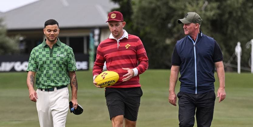 LIV GOLF PREVIEW, Adelaide Crows No1 ticket holder Guy Sebastian (L) Lucas Herbert of Ripper GC and Port Adelaide Football Club CEO Matthew Richardson make there way around Grange Golf Course during the Pro Am event before the LIV Golf Tournament at the Grange Golf Club in Adelaide, Wednesday, April 24, 2024. ( NO ARCHIVING, EDITORIAL USE ONLY, NO USE IN BOOKS WITHOUT CONSENT ADELAIDE SOUTH AUSTRALIA AUSTRALIA  Copyright: xMICHAELxERREYx 20240425160645018720