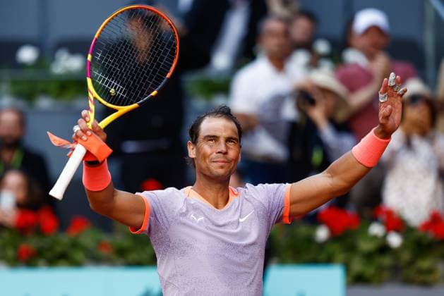 April 25, 2024, Madrid, Madrid, SPAIN: Rafael Nadal of Spain celebrates after winning against Darwin Blanch of USA during the Mutua Madrid Open 2024, ATP, Tennis Herren Masters 1000 and WTA, Tennis Damen 1000, tournament celebrated at Caja Magica on April 25, 2024 in Madrid, Spain. Madrid SPAIN - ZUMAa181 20240425_zaa_a181_065 Copyright: xIrinaxR.xHipolitox