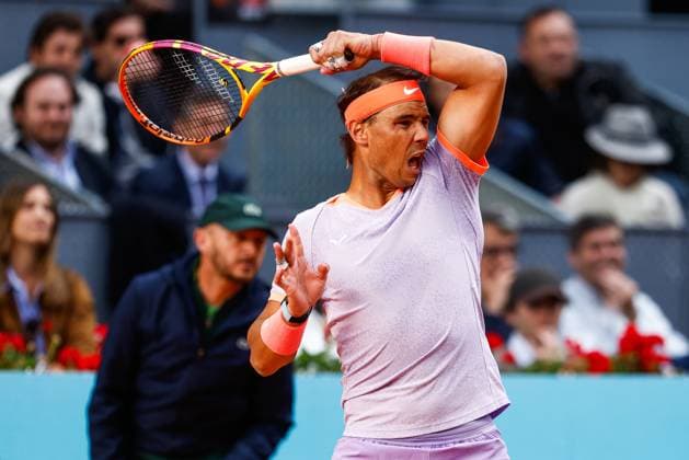 Sport Bilder des Tages April 25, 2024, Madrid, Madrid, SPAIN: Rafael Nadal of Spain in action against Darwin Blanch of USA during the Mutua Madrid Open 2024, ATP, Tennis Herren Masters 1000 and WTA, Tennis Damen 1000, tournament celebrated at Caja Magica on April 25, 2024 in Madrid, Spain. Madrid SPAIN - ZUMAa181 20240425_zaa_a181_072 Copyright: xIrinaxR.xHipolitox