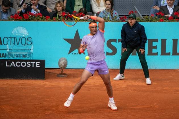 April 25, 2024, Madrid, Spain: Rafael Nadal of Spain plays against Darwin Blanch of the United States (not pictured) during the Mutua Madrid Open. Nadal comfortably defeats the very young Blanch in his debut in Madrid. The Mallorcan won 6-1, 6-0 in a comfortable match with clear dominance at all times. Madrid Spain - ZUMAs197 20240425_aaa_s197_258 Copyright: xDavidxCanalesx