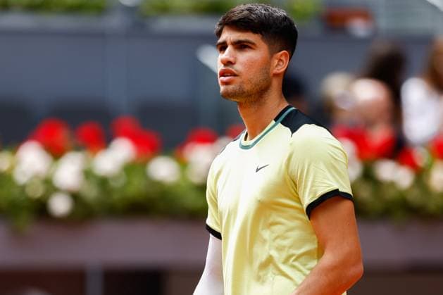 April 26, 2024, Madrid, Madrid, SPAIN: Carlos Alcaraz of Spain looks on against Alexander Shevchenko of Kazakhstan during the Mutua Madrid Open 2024, ATP, Tennis Herren Masters 1000 and WTA, Tennis Damen 1000, tournament celebrated at Caja Magica on April 26, 2024 in Madrid, Spain. Madrid SPAIN - ZUMAa181 20240426_zaa_a181_020 Copyright: xIrinaxR.xHipolitox