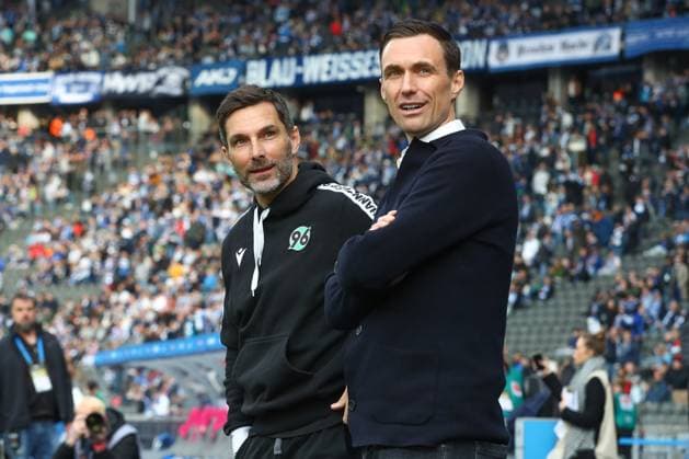 26.04.2024, xtgx, Fussball - 2.Bundesliga, Hertha BSC Berlin - Hannover 96 emspor, v.l. Stefan Leitl (Hannover, Trainer), Marcus Mann (Hannover, Sportdirektor) (DFL DFB REGULATIONS PROHIBIT ANY USE OF PHOTOGRAPHS as IMAGE SEQUENCES and or QUASI-VIDEO) Berlin