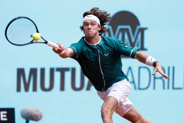 April 26, 2024, Madrid, Madrid, SPAIN: Andrey Rublev of Russia in action against Facundo Bagnis of Argentina during the Mutua Madrid Open 2024, ATP, Tennis Herren Masters 1000 and WTA, Tennis Damen 1000, tournament celebrated at Caja Magica on April 26, 2024 in Madrid, Spain. Madrid SPAIN - ZUMAa181 20240426_zaa_a181_033 Copyright: xIrinaxR.xHipolitox