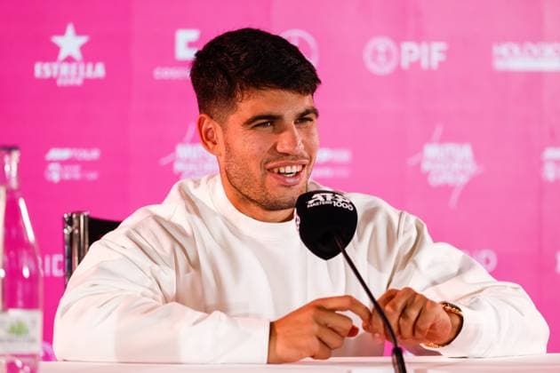 April 26, 2024, Madrid, Madrid, SPAIN: Carlos Alcaraz of Spain attends the media during his press conference, PK, Pressekonferenz during the Mutua Madrid Open 2024, ATP, Tennis Herren Masters 1000 and WTA, Tennis Damen 1000, tournament celebrated at Caja Magica on April 26, 2024 in Madrid, Spain. Madrid SPAIN - ZUMAa181 20240426_zaa_a181_053 Copyright: xIrinaxR.xHipolitox