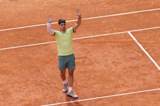 April 26, 2024, Madrid, Spain: Carlos Alcaraz celebrates a point against Alexander Shevchenko (not pictured) during their match on Day 5 of the Mutua Madrid Open at Caja Magica Stadium. Carlos Alcaraz won 6-2 , 6-1 Madrid Spain - ZUMAs197 20240426_aaa_s197_089 Copyright: xGuillermoxMartinezx
