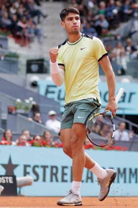 April 26, 2024, Madrid, Spain: Carlos Alcaraz celebrates a point against Alexander Shevchenko (not pictured) during their match on Day 5 of the Mutua Madrid Open at Caja Magica Stadium. Carlos Alcaraz won 6-2 , 6-1 Madrid Spain - ZUMAs197 20240426_aaa_s197_092 Copyright: xGuillermoxMartinezx