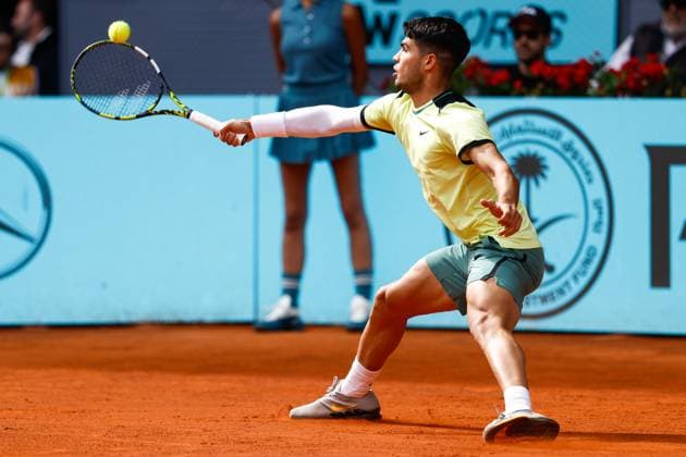 April 26, 2024, Madrid, Madrid, SPAIN: Carlos Alcaraz of Spain in action against Alexander Shevchenko of Kazakhstan during the Mutua Madrid Open 2024, ATP, Tennis Herren Masters 1000 and WTA, Tennis Damen 1000, tournament celebrated at Caja Magica on April 26, 2024 in Madrid, Spain. Madrid SPAIN - ZUMAa181 20240426_zaa_a181_187 Copyright: xIrinaxR.xHipolitox