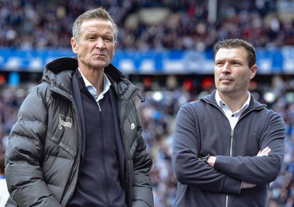 Fussball 2. Bundesliga, Hertha BSC - Hannover 96 26.04.2024,xdanx,Fussball 2. Bundesliga, Hertha BSC - Hannover 96, v.l. Hertha BSC Geschaeftsfuehrer Thomas E. Herrich mit Benjamin Weber (Hertha BSC Sportdirektor) (DFL DFB REGULATIONS PROHIBIT ANY USE OF PHOTOGRAPHS as IMAGE SEQUENCES and or QUASI-VIDEO) Foto: Daniel Lakomski Berlin Olympiastadion Berlin Berlin Deutschland (DE)