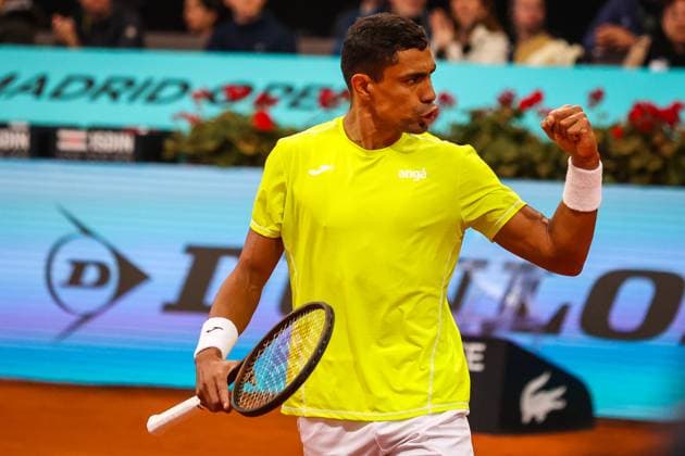 Mutua Madrid Open 2024: Thiago Monteiro Vs Stefanos Tsitsipas in Spain - 27 Apr 2024 Thiago Monteiro of Brazil plays against Stefanos Tsisipas ( not pictured ) of Greece on Day Six of the Mutua Madrid Open 2024 tournament at La Caja Magica. Final score; Thiago Monteiro 2:0 Stefanos Tsitsipas. Usera Spain Copyright: xMiguelxReisx xSOPAxImagesx Mutua Madrid Open MR -4681