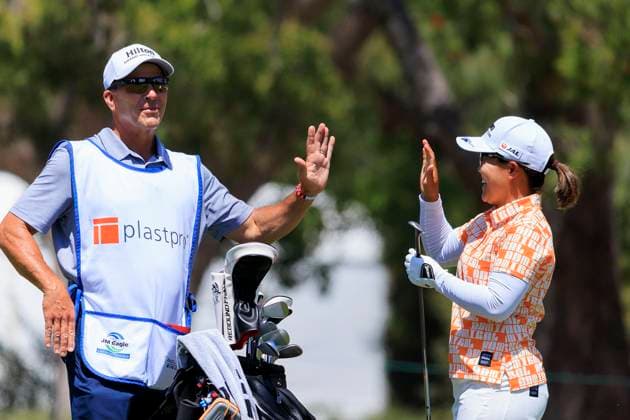 April 27, 2024, Los Angeles, California, USA: Nasa Hataoka celebrates with caddy after putting the ball on hole 15th for an eagle during Round 3 of the JM Eagle LA Championship presented by Plastpro on Saturday April 27, 2024 at the Wilshire Country Club in Los Angeles, California. JAVIER ROJAS PI Los Angeles U.S - ZUMAp124 20240427_zaa_p124_003 Copyright: xJavierxRojasx