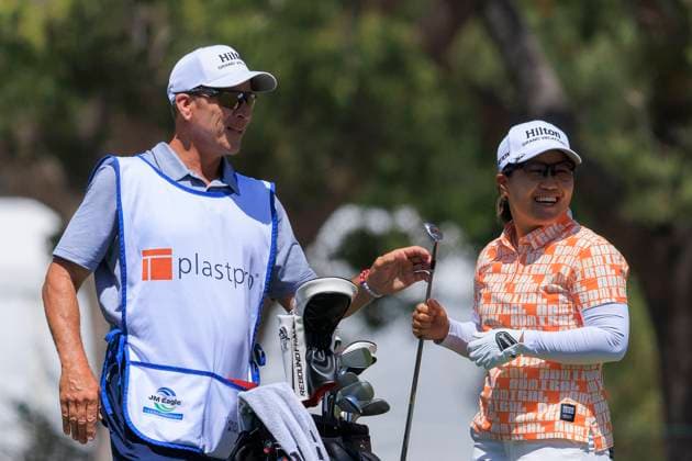 April 27, 2024, Los Angeles, California, USA: Nasa Hataoka celebrates with caddy after putting the ball on hole 15th for an eagle during Round 3 of the JM Eagle LA Championship presented by Plastpro on Saturday April 27, 2024 at the Wilshire Country Club in Los Angeles, California. JAVIER ROJAS PI Los Angeles U.S - ZUMAp124 20240427_zaa_p124_002 Copyright: xJavierxRojasx