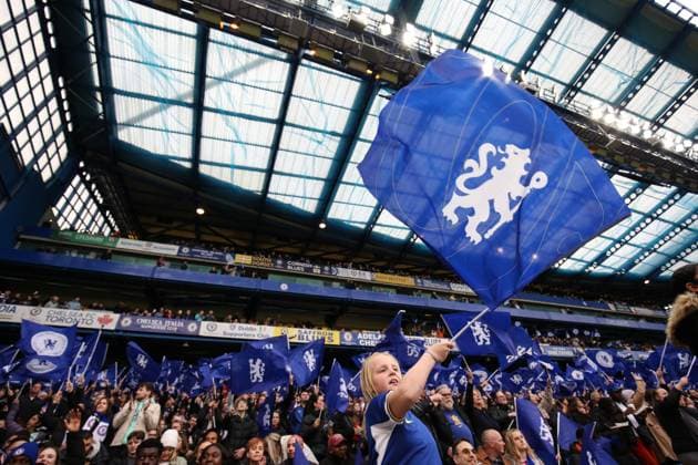 Chelsea v Barcelona Women 27 April 2024, London- UEFA Women™s Champions League, Semi-Final, Second Leg - Chelsea v Barcelona Women - Chelsea fans wave flags - Photo: Charlotte Wilson Offside. London UK Copyright: xCharlottexWilsonx xOffsidexOffside