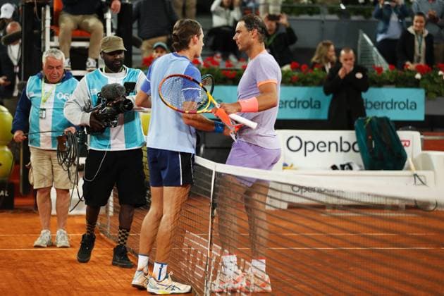 (L-R) Alex De Minaur (AUS), Rafael Nadal (ESP), APRIL 27, 2024 - Tennis : Alex De Minaur and Rafael Nadal shake hands after singles round of 64 match on the ATP, Tennis Herren tour Masters 1000 Mutua Madrid Open tennis tournament at the Caja Magica in Madrid, Spain. Noxthirdxpartyxsales  (251466092)