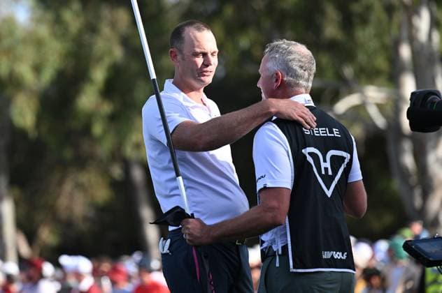 LIV GOLF ADELAIDE, Brendan Steele (left) reacts with his caddy after winning the LIV Golf Adelaide at the Grange Golf Club in Adelaide, Sunday, April 28, 2024. ( NO ARCHIVING, EDITORIAL USE ONLY, NO USE IN BOOKS WITHOUT CONSENT ADELAIDE SOUTH AUSTRALIA AUSTRALIA  Copyright: xMICHAELxERREYx 20240428184853234137