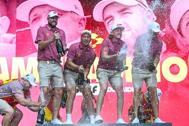 LIV GOLF ADELAIDE, Ripper GC celebrate the Team victory (L-R) Marc Leishman, Lucas Herbert, Ripper GC Captain Cameron Smith and Matt Jones during LIV Golf Adelaide at the Grange Golf Club in Adelaide, Sunday, April 28, 2024. ( NO ARCHIVING, EDITORIAL USE ONLY, NO USE IN BOOKS WITHOUT CONSENT ADELAIDE SOUTH AUSTRALIA AUSTRALIA  Copyright: xMICHAELxERREYx 20240428183225698595