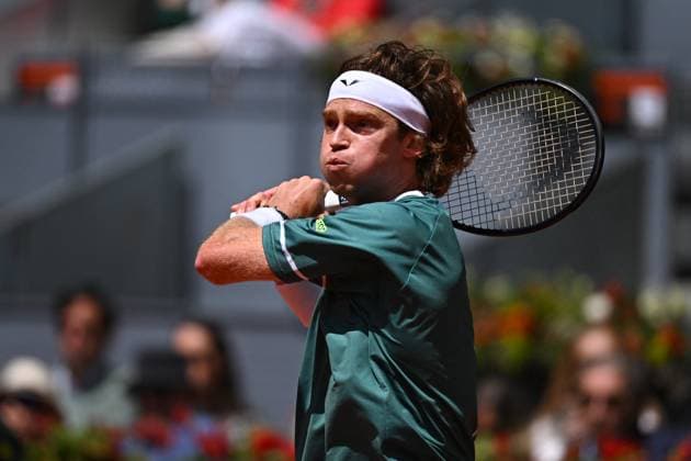 Mutua Madrid Open Andrey Rublev (RUS) during his second round match at the Mutua Madrid Open in Madrid, Spain, on April, 28, 2024. Photo by Corinne Dubreuil ABACAPRESS.COM Madrid Spain  Copyright: xDubreuilxCorinne ABACAx