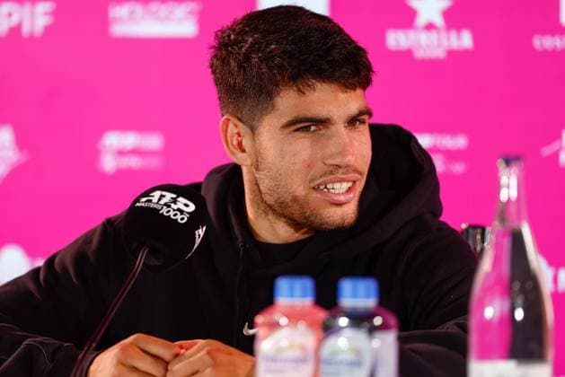 Sport Bilder des Tages April 28, 2024, Madrid, Madrid, SPAIN: Carlos Alcaraz of Spain attends the media during his press conference, PK, Pressekonferenz during the Mutua Madrid Open 2024, ATP, Tennis Herren Masters 1000 and WTA, Tennis Damen 1000, tournament celebrated at Caja Magica on April 28, 2024 in Madrid, Spain. Madrid SPAIN - ZUMAa181 20240428_zaa_a181_098 Copyright: xIrinaxR.xHipolitox