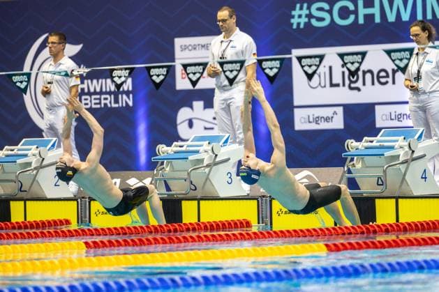 200m Rücken Maenner A-Finale Cedric Buessing (SG Essen), Lukas Maertens (SC Magdeburg) 135. Deutsche Meisterschaften Schwimmen 2024, Berlin, Tag 4, 28.04.2024 135. Deutsche Meisterschaften Schwimmen 2024, Berlin, Tag 4, 28.04.2024 Berlin *** 200m Backstroke Men A Final Cedric Buessing SG Essen , Lukas Maertens SC Magdeburg 135 German Swimming Championships 2024, Berlin, Day 4, 28 04 2024 135 German Swimming Championships 2024, Berlin, Day 4, 28 04 2024 Berlin Copyright: xEibner-Pressefoto JadrankoxMarjax EP_JMC
