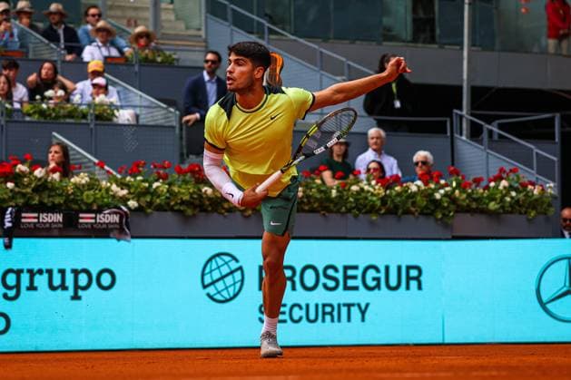 Carlos Alcaraz Vs Thiago Seyboth Wild in Usera, Spain - 28 Apr 2024 Carlos Alcaraz of Spain plays against Thiago Seyboth Wild of Brazil (not pictured) on Day Seven of the Mutua Madrid Open 2024 tournament at La Caja Magica. Carlos Alcaraz won 6-3, 6-3. Usera Spain Copyright: xMiguelxReisx xSOPAxImagesx Mutua Madrid Open MR -1187