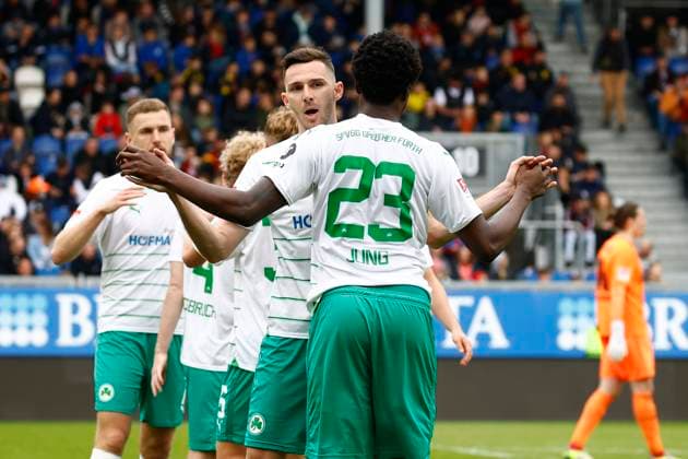 28.04.2024, xavx, Fussball 2.Bundesliga, SV Wehen Wiesbaden - SpVgg Greuther Fuerth emspor, v.l. Branimir Hrgota (SpVgg Greuther Fürth), Gideon Jung (SpVgg Greuther Fürth) celebrate the goal, Der Torjubel zum 2:3 durch Armindo Sieb (SpVgg Greuther Fürth) (DFL DFB REGULATIONS PROHIBIT ANY USE OF PHOTOGRAPHS as IMAGE SEQUENCES and or QUASI-VIDEO) Wiesbaden