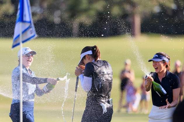April 28, 2024, Los Angeles, California, USA: Hannah Green is sprayed with champagne after winning the 2024 JM Eagle LA Championship presented by Plastpro on Sunday April 28, 2024 at the Wilshire Country Club in Los Angeles, California. JAVIER ROJAS PI Los Angeles USA - ZUMAp124 20240428_zaa_p124_011 Copyright: xJavierxRojasx