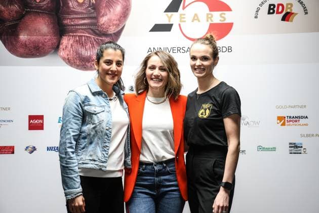 Boxen: BDB, 75 Jahre Jubiläum, Pressekonferenz, Hamburg, 29.04.2024 v.l.: Dilar Kisikyol, Ina Menzer und Karo Pütz
