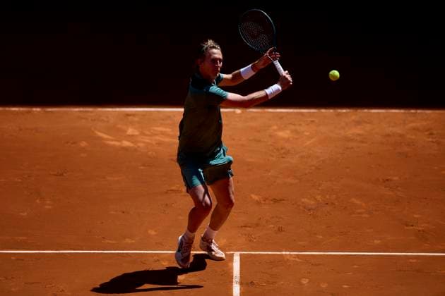 Mutua Madrid Open - Day Eight Sebastian Korda of United States returns a shot against Daniil Medvedev during day eight of the Mutua Madrid Open 2024 at Caja Magica on April 29, 2024, in Madrid, Spain. Madrid Caja Magica Madrid Spain RL_MMO24_00829 Copyright: xRicardoxLarreinax