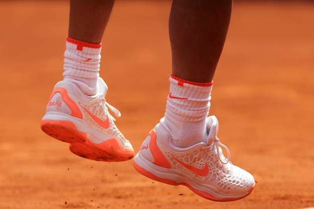 Mutua Madrid Open - Rafael Nadal vs Pedro Cachin MADRID, SPAIN - APRIL 29 : detail of Rafael Nadal s shoes drring the game against Pedro Cachin on Day 8 of the Mutua Madrid Open at Caja Magica Stadium in Madrid. (Photo by Guillermo Martinez) Madrid Caja Magica Spain Copyright: xGuillermoxMartinezx