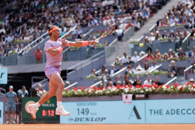 Mutua Madrid Open - Rafael Nadal vs Pedro Cachin MADRID, SPAIN - APRIL 29 : Rafael Nadal returns a shot against Pedro Cachin during their match on Day 8 of the Mutua Madrid Open at Caja Magica Stadium in Madrid. (Photo by Guillermo Martinez) Madrid Caja Magica Spain Copyright: xGuillermoxMartinezx