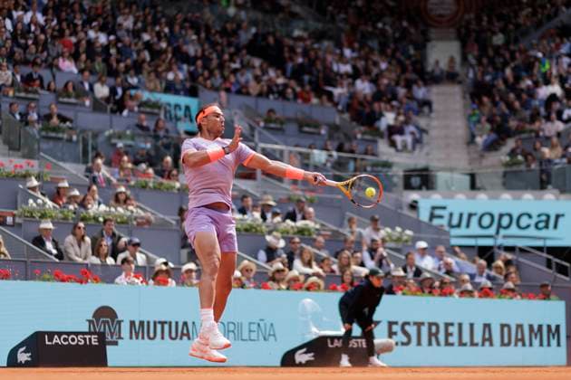 Mutua Madrid Open - Rafael Nadal vs Pedro Cachin MADRID, SPAIN - APRIL 29 : Rafael Nadal returns a shot against Pedro Cachin during their match on Day 8 of the Mutua Madrid Open at Caja Magica Stadium in Madrid. (Photo by Guillermo Martinez) Madrid Caja Magica Spain Copyright: xGuillermoxMartinezx