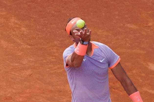 Mutua Madrid Open - Rafael Nadal vs Pedro Cachin MADRID, SPAIN - APRIL 29 : Rafael Nadal returns a shot against Pedro Cachin during their match on Day 8 of the Mutua Madrid Open at Caja Magica Stadium in Madrid. (Photo by Guillermo Martinez) Madrid Caja Magica Spain Copyright: xGuillermoxMartinezx