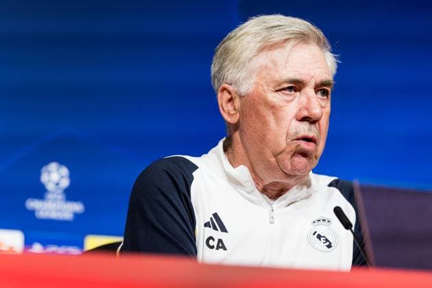 UEFA Champions League: FC Bayern München - Real Madrid; Pressekonferenz Real Madrid; 29.04.2024 Carlo Ancelotti (Trainer Real Madrid) UEFA Champions League: FC Bayern München - Real Madrid; Pressekonferenz Real Madrid, München, Allianz Arena Copyright: xBEAUTIFULxSPORTS Wunderlx