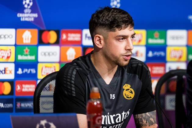 UEFA Champions League: FC Bayern München - Real Madrid; Pressekonferenz Real Madrid; 29.04.2024 Frederico Valverde (Real Madrid, 15) UEFA Champions League: FC Bayern München - Real Madrid; Pressekonferenz Real Madrid, München, Allianz Arena Copyright: xBEAUTIFULxSPORTS Wunderlx