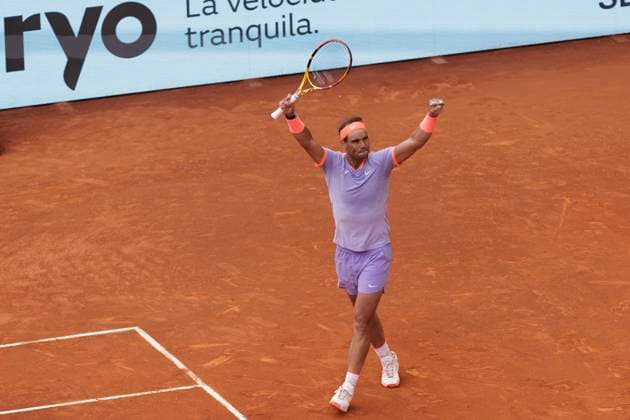 Mutua Madrid Open - Rafael Nadal vs Pedro Cachin MADRID, SPAIN - APRIL 29 : Rafael Nadal celebrates against Pedro Cachin during their match on Day 8 of the Mutua Madrid Open at Caja Magica Stadium in Madrid. (Photo by Guillermo Martinez) Madrid Caja Magica Spain Copyright: xGuillermoxMartinezx