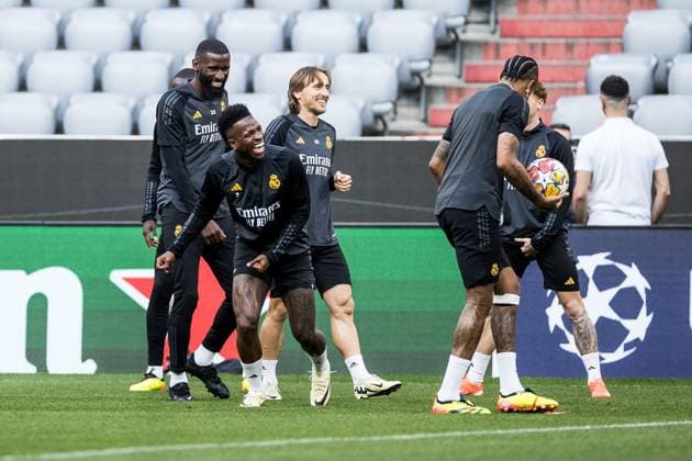 UEFA Champions League: FC Bayern München - Real Madrid; Abschlusstraining Real Madrid; 29.04.2024 Antonio Rüdiger (Real Madrid, 22), Vinicius Junior (Real Madrid, 7), Luka Modric (Real Madrid, 10) lachend UEFA Champions League: FC Bayern München - Real Madrid; Abschlusstraining Real Madrid, München, Allianz Arena Copyright: xBEAUTIFULxSPORTS Wunderlx